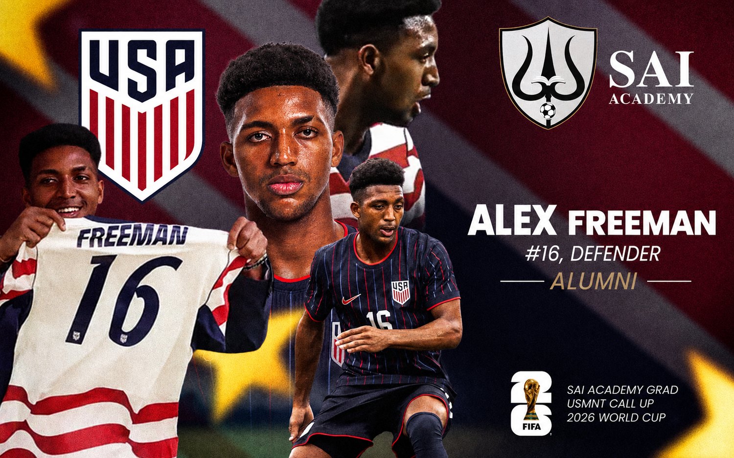 Alex Freeman, #16 defender, SAI Academy alumnus, USMNT call-up for the 2026 FIFA World Cup