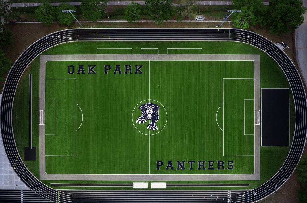 Aerial view of the Oak Park Panthers turf field and track